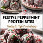 Bite-sized chocolate Peppermint Protein Balls covered with crushed peppermint and festive sprinkles on a holiday plate.